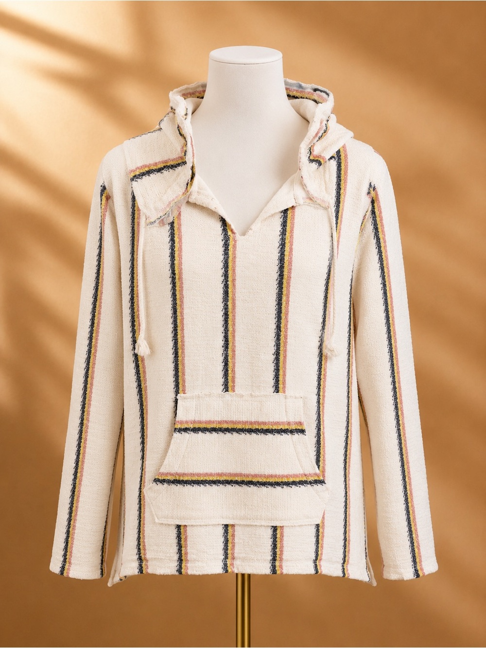 Ocean Drive Size Large Cream Baja Cotton Pullover Top With Kangaroo Pocket